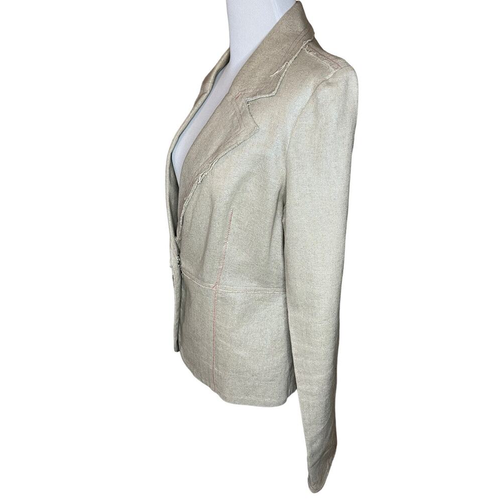 True Meaning Women’s Blazer Sz 12 Shimmery Gold Linen Blend Raw Hem Jacket - Picture 2 of 9